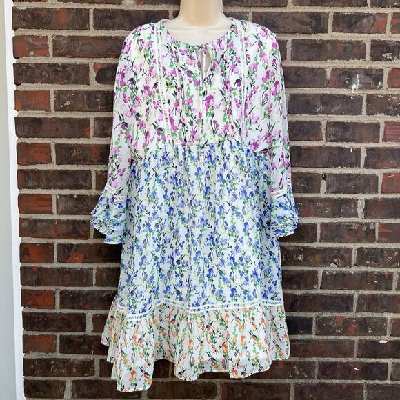 Maison Tara Dresses & Skirts - Maison Tara Tiered Mini Dress Floral Spring Easter Sz M White Pink Blue Pastel